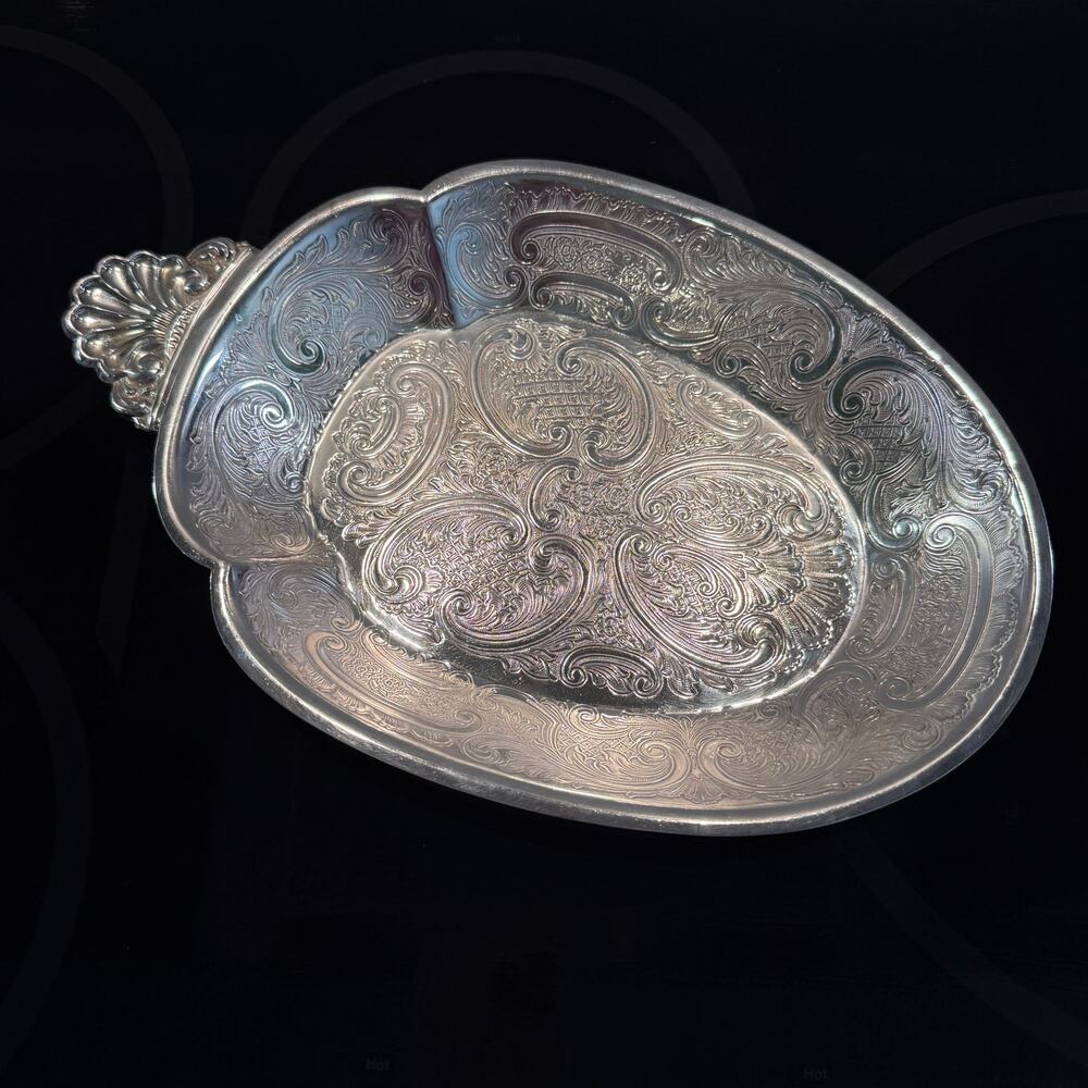 Vintage Barker Ellis Silverplate Oval Serving Bowl Dish Engraved Shell Handle